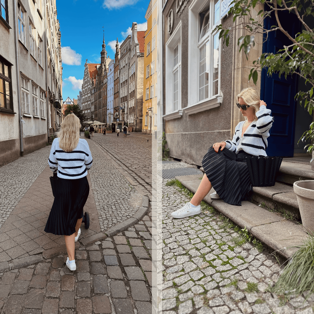 Dwa zdjęcia kobiety w kardiganie w paski i czarnej plisowanej spódnicy. Na jednym zdjęciu prowadzi wózek, na drugim siedzi na schodach.